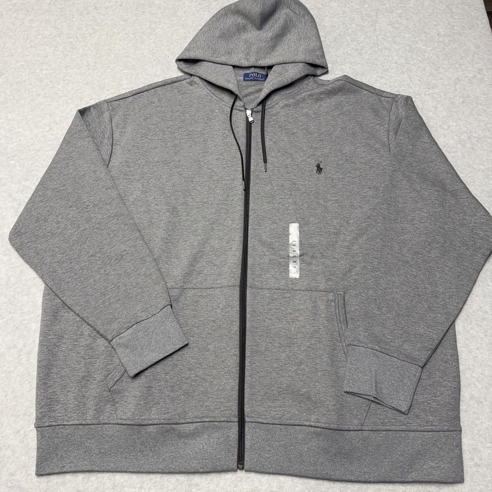 Polo Ralph Lauren Hoodie Mens Big 3X Gray Double-Knit Full Zip Pony Logo Pockets